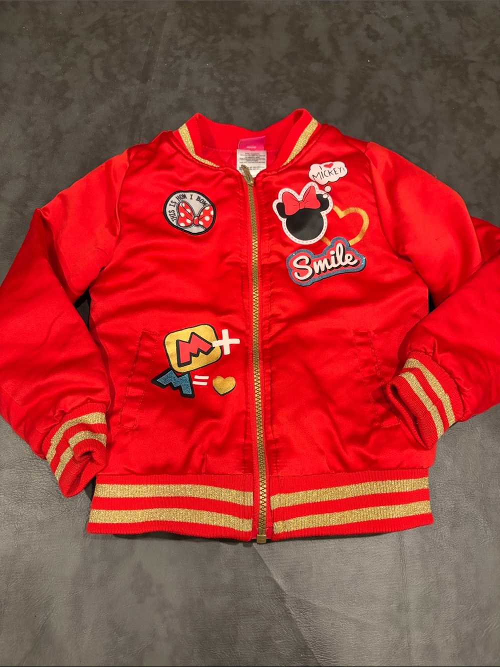 Disney Red Girls Puffer Jacket with Gold Trim & Minnie Patches Size 5/6